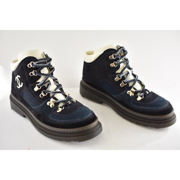 Chanel 23C Blue Black CC Combat Lace Up Tie Ankle Short Hiking Ski Snow Boots 42 - Picture 4 of 16